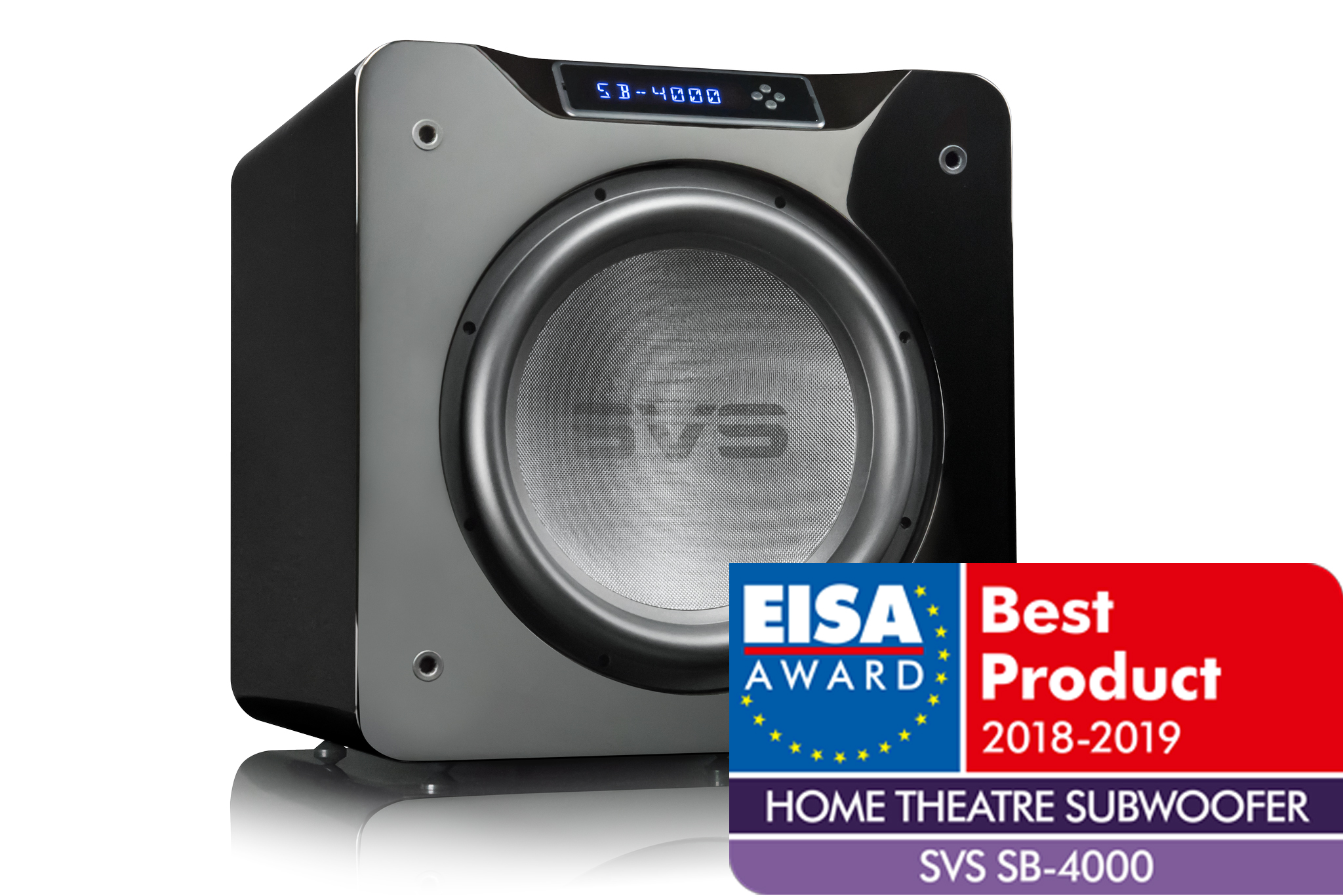 GrobiTV - SVS SB-4000 Heimkino Subwoofer - Piano Gloss Black - Frontansicht ohne Grill mit EISA Logo