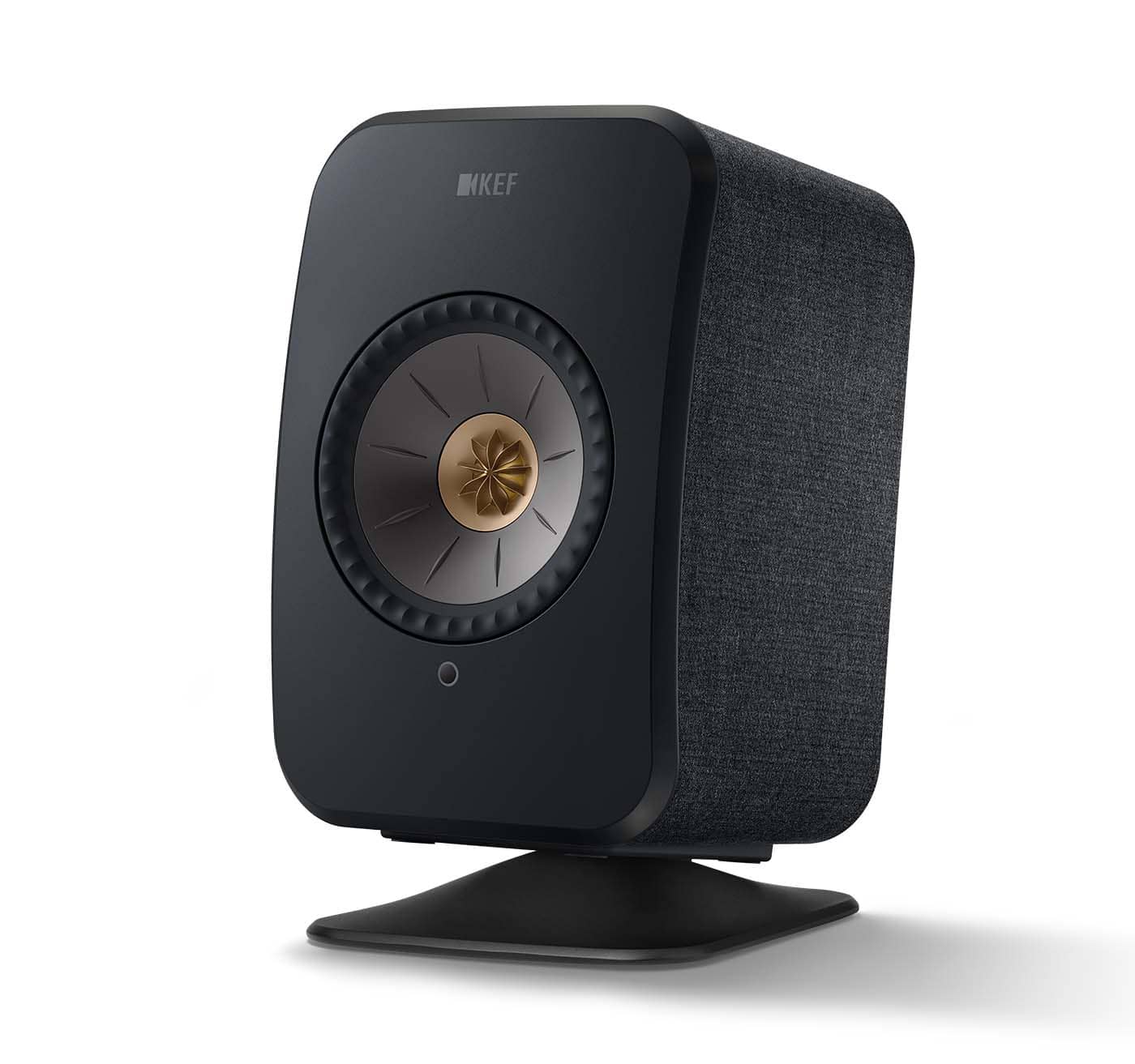 P1_black_w_LSX-II_Carbon-Black_2 GrobiTV - KEF P1 Tischstandfuß für KEF LSX II Schwarz - Frontansicht einzeln mit Lautsprecherbeispiel Carbon Schwarz