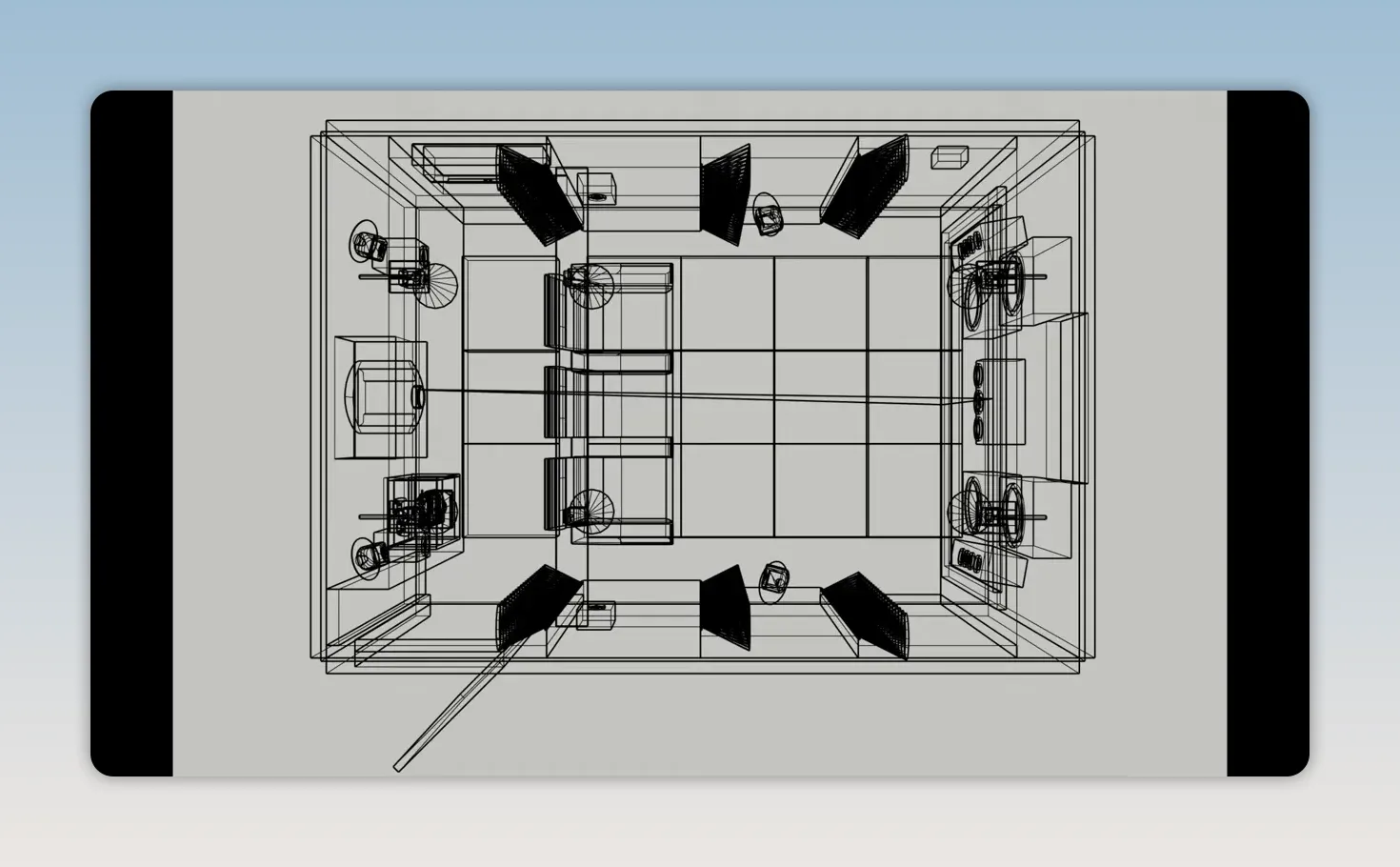 Draufsicht eines Heimkino-Lautsprecherlayouts mit Sitzreihe und Deckenlautsprechern