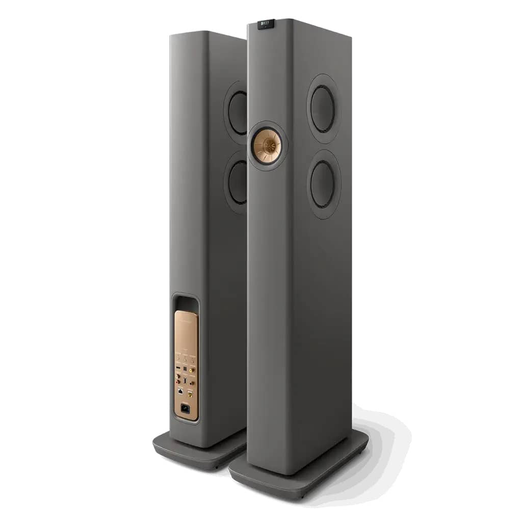 GrobiTV - KEF LS60 Wireless - WLAN Hifi Lautsprecher - Front- und Rückansicht Paar Grau
