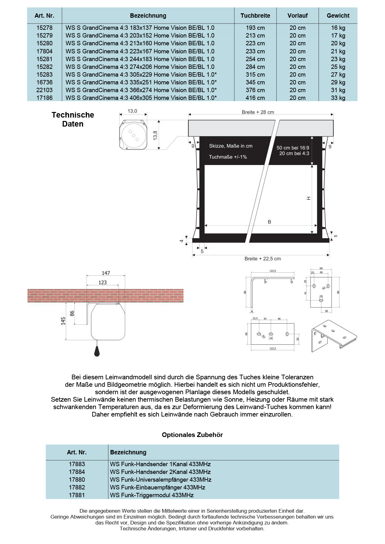 GrobiTV - WS-S-Grand Cinema Tension  16:9 Leinwand - Abmessungen