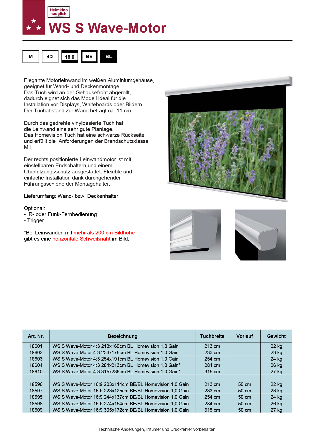 GrobiTV - WS S Wave-Motor 16:9 Leinwand Datenblatt