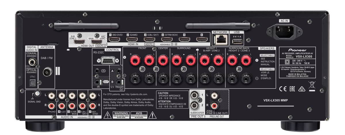 Grobi.TV - Pioneer VSX-LX305 9.2-Kanal Netzwerk-AV-Receiver - schwarz - Rückansicht