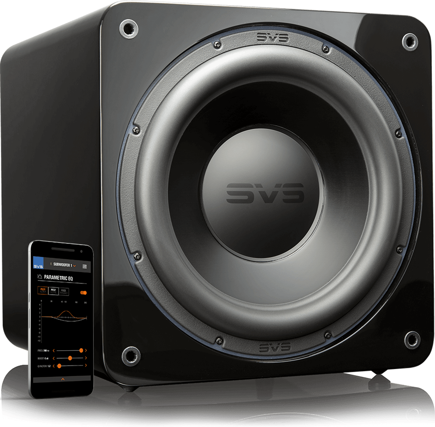 sb-3000 GrobiTV - SVS SB-3000 Heimkino Subwoofer - piano gloss black - Frontansicht rechts mit App ohne Grill