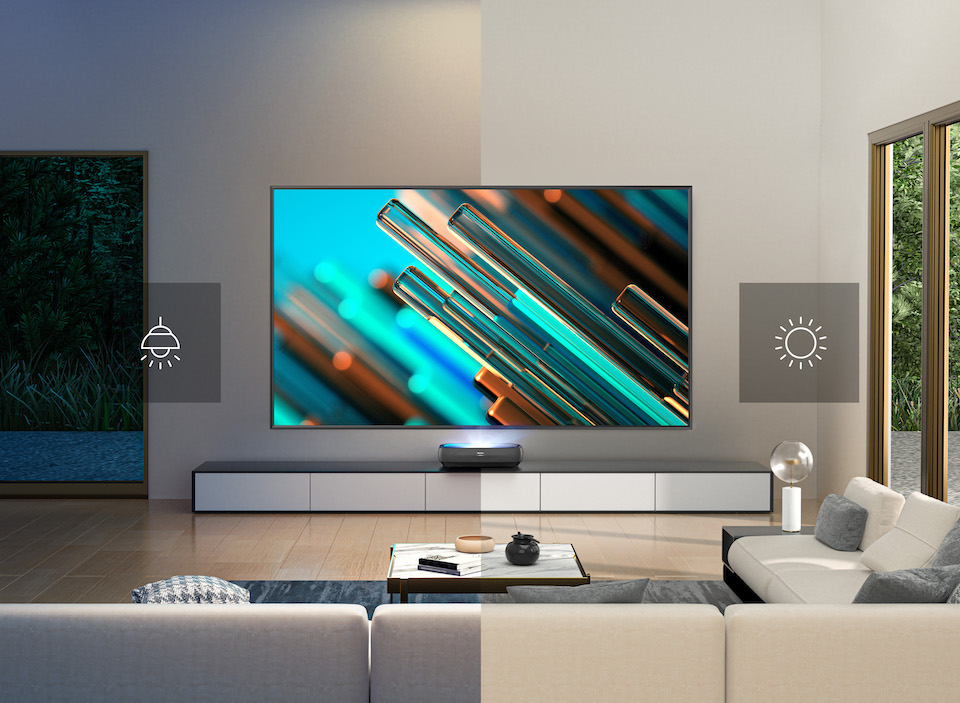 Der neue Hisense Laser RGB Ultrakurzdistanzprojektor ist da Grobi.TV - Hisense RGB Laser TV 4K 100L9G Ultrakurzdistanzprojektor mit 100" CLR Soft Leinwand