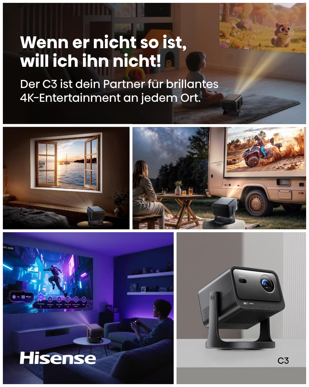 Hisense C3 | Kompakter 4K RGB Triple-Laser Beamer mit Gimbal-Design, Dolby Vision & IMAX Enhanced
