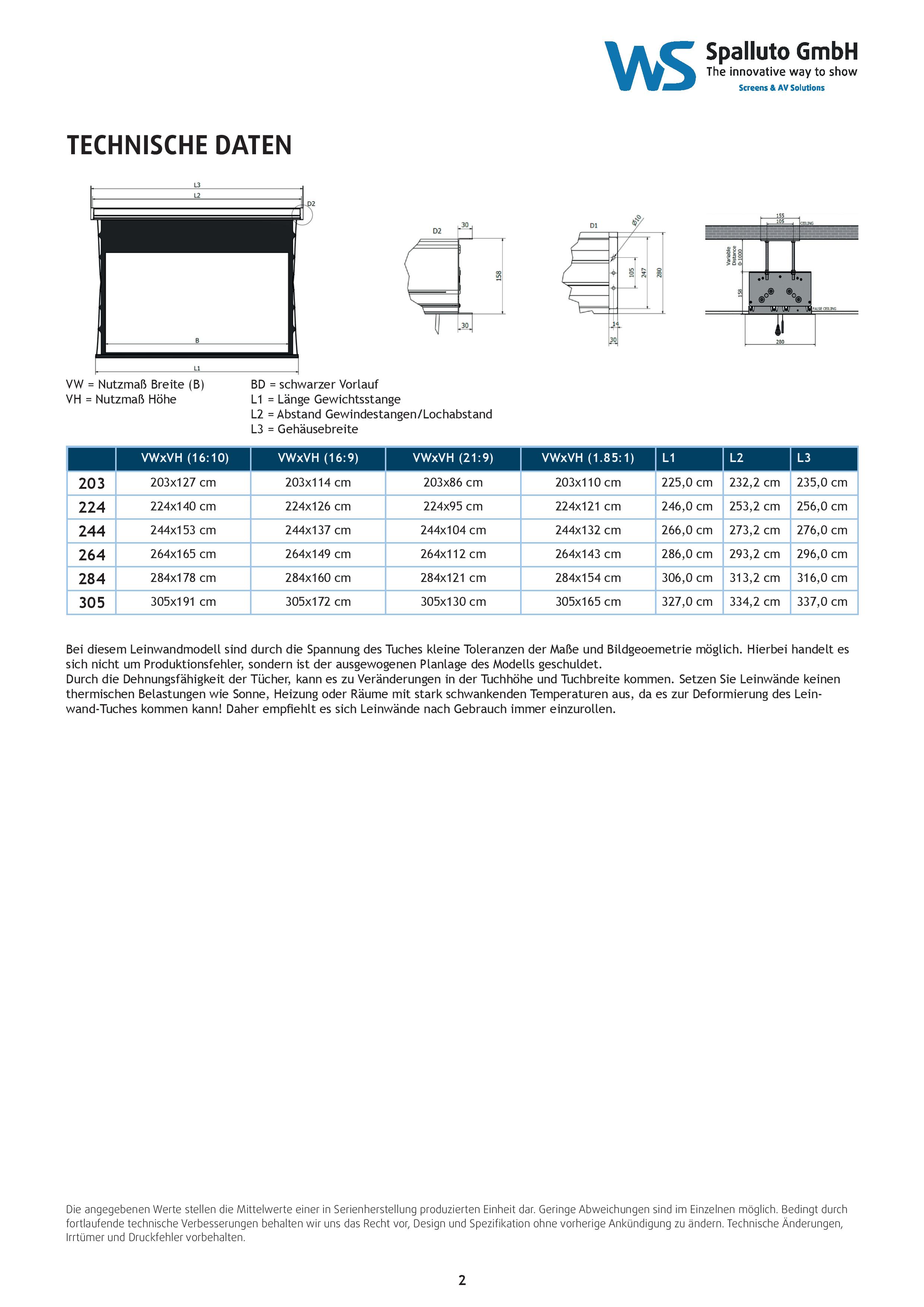 Maskierbare Deckeneinbau WS S DE-4-Format Leinwand Abmessungen