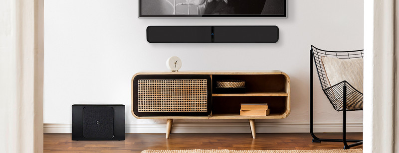 Bluesound-PULSE-SUB-black-with-SOUNDBAR-2i-home-theatre