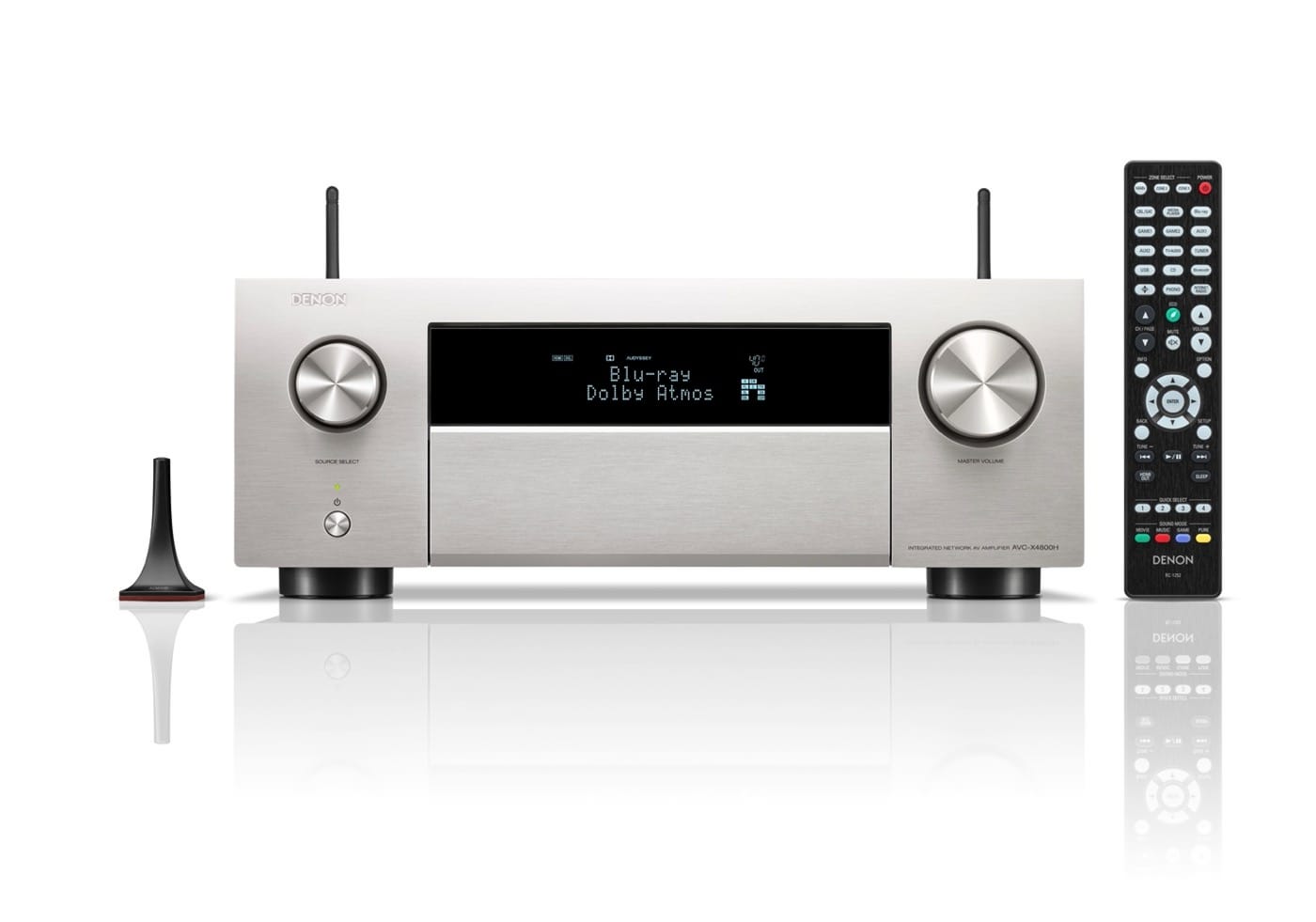 Heute gab es ein Firmwareupdate für nahezu alle Denon und Marantz Geräte mit eingebauter HEOS Funktion SW - Version U30.1 GrobiTV - Denon AVC-X4800H 9-Kanal AV-Verstärker premium-silber - Frontansicht geschlossen mit Fernbedienung und Mikrofon
