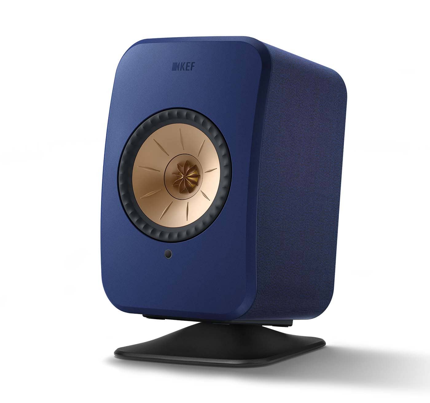 P1_black_w_LSX-II_Cobalt-Blue_2 GrobiTV - KEF P1 Tischstandfuß für KEF LSX II Schwarz - Frontansicht einzeln mit Lautsprecherbeispiel Kobalt Blau