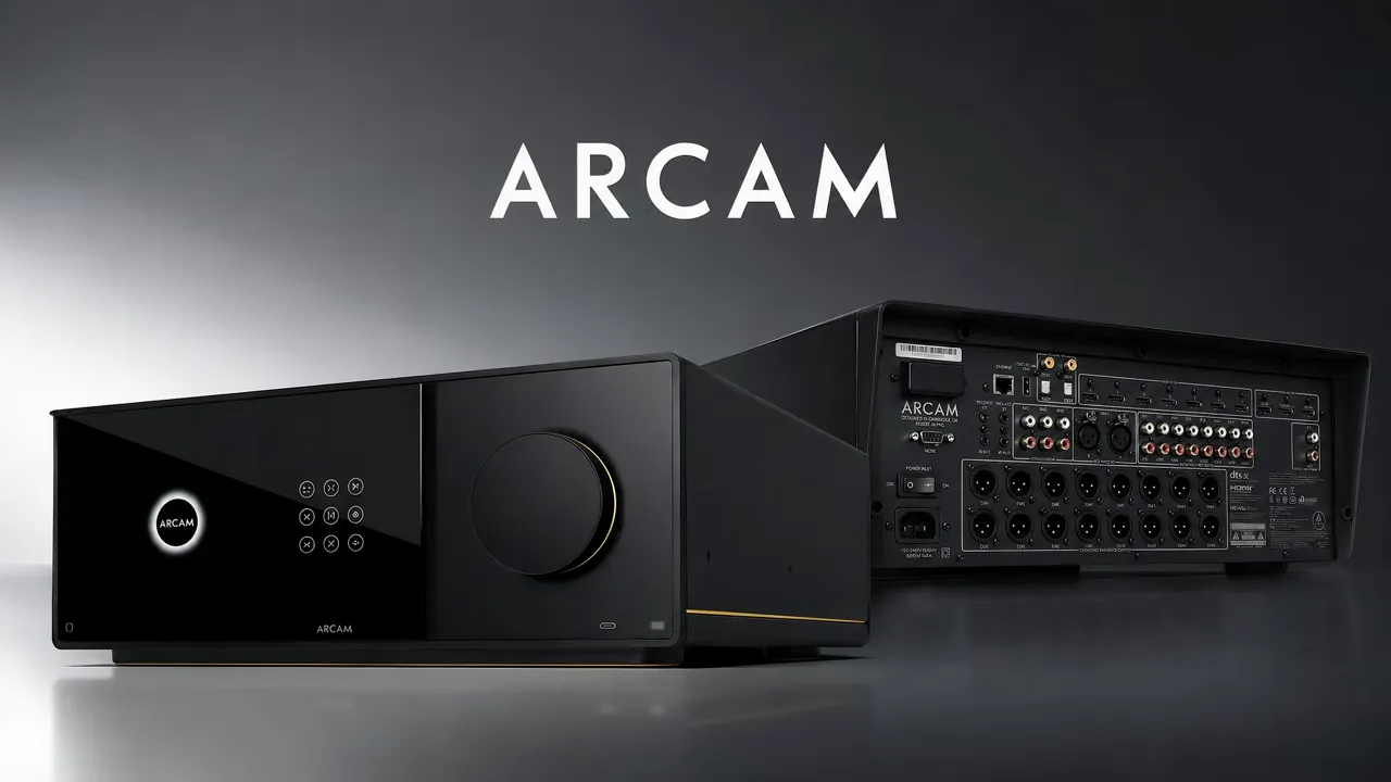 ARCAM AV-Komponenten von vorne und hinten auf grauem Hintergrund