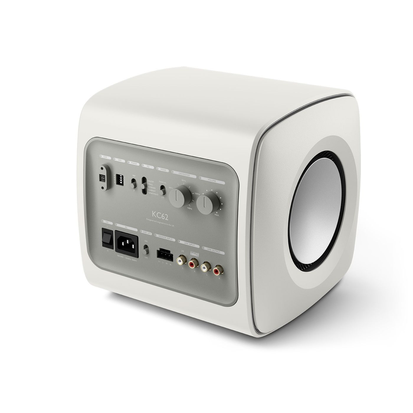 KC62_Mineral-White_back_angle GrobiTV - KEF KC62 Subwoofer weiß Frontansicht links