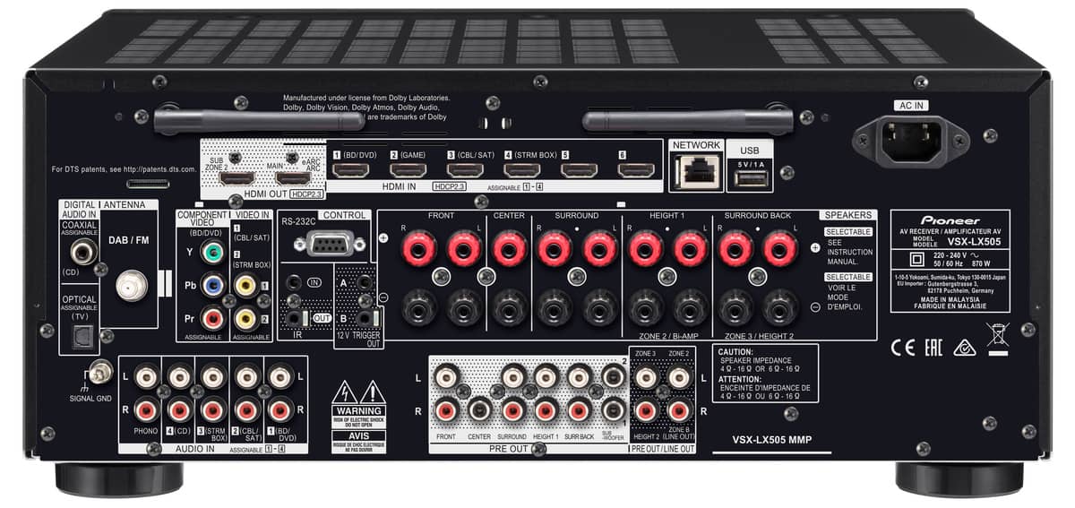 Grobi.TV - Pioneer VSX-LX505 9.2-Kanal Netzwerk-AV-Receiver schwarz - Rückansicht