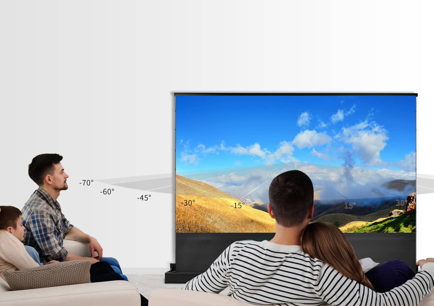 Grobi.TV - Celexon Motorische Bodenleinwand HomeCinema Plus für LASER TV Frontansicht - Zuschauer im richtigen Blickwinkel