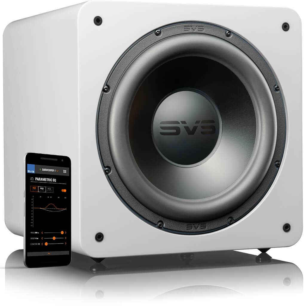 GrobiTV SVS SB-2000 Pro  Heimkino Subwoofer - Piano Gloss White - Frontansicht rechts ohne Grill mit SmartPhone und SVS App