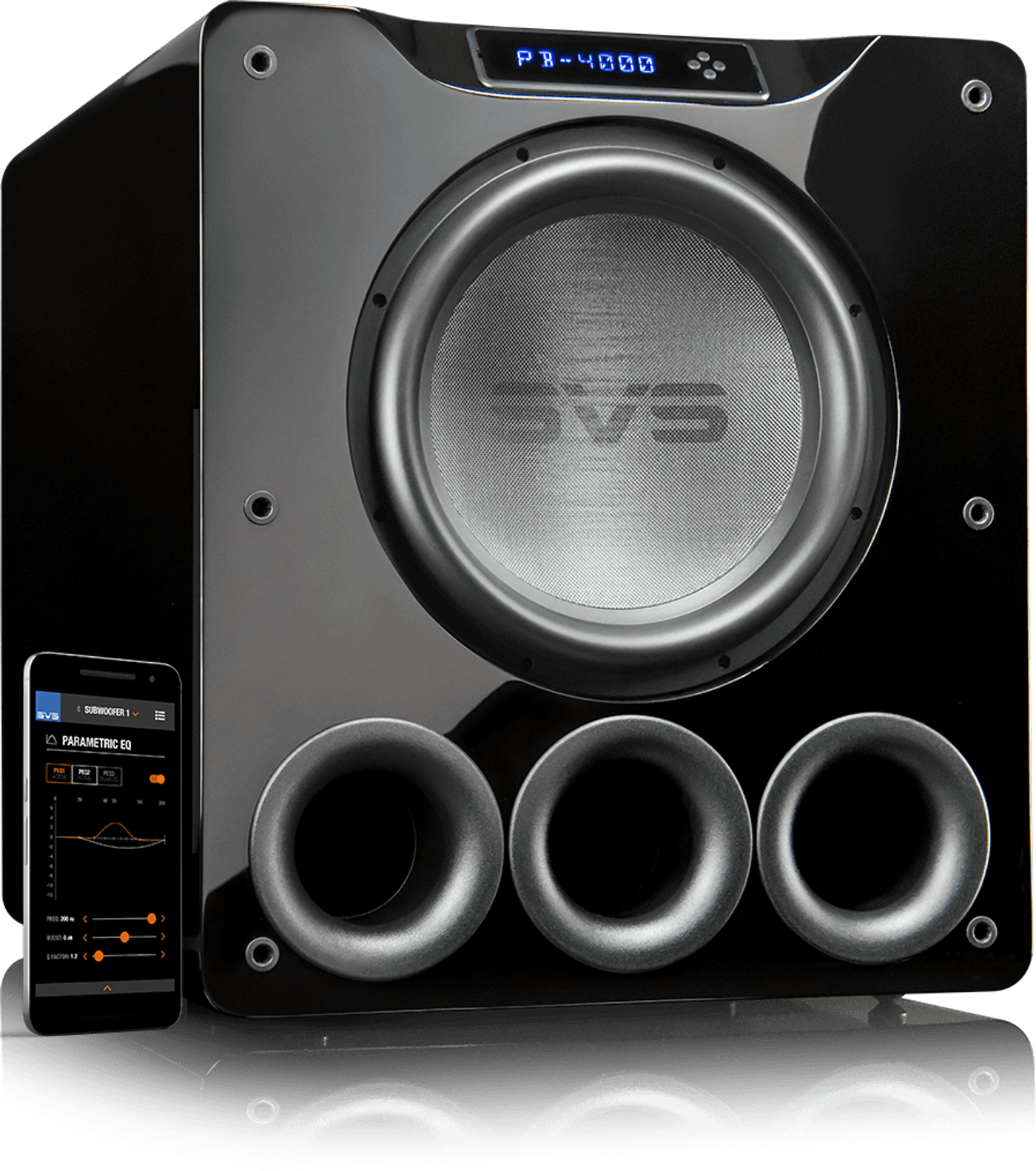 GrobiTV - SVS PB 4000 Piano Gloss Black - Frontansicht rechts ohne Grill mit SmartPhone und SVS App