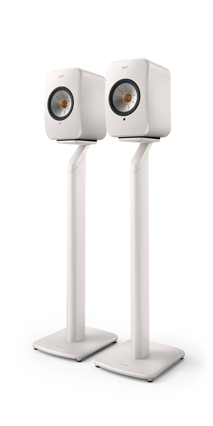 GrobiTV - KEF S1 Standfuß für LSX II Mineralweiß - Frontansicht Paar mit Lautsprecher