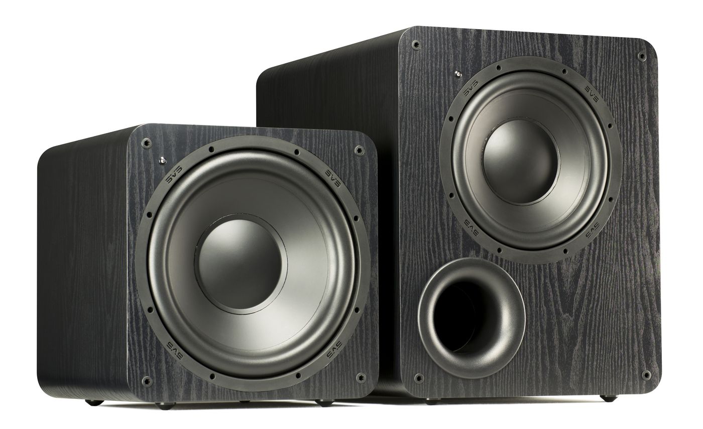GrobiTV - SVS SB-1000 CLASSIC Black Ash + SVS PB-1000 CLASSIC Black Ash Heimkino Subwoofer nebeneinander im Größenvergleich - Frontansicht rechts ohne Grill
