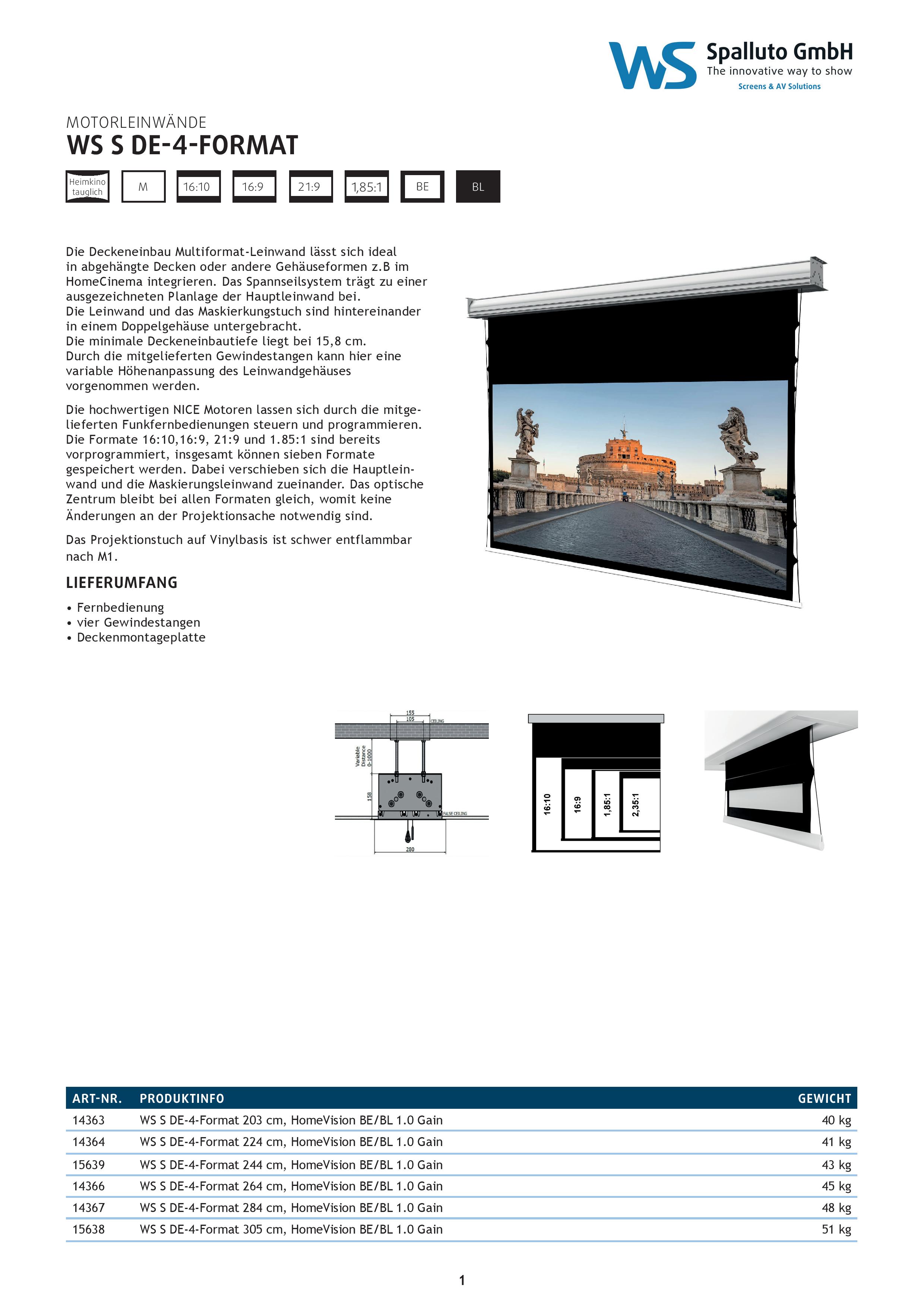 Maskierbare Deckeneinbau WS S DE-4-Format Leinwand Datenblatt