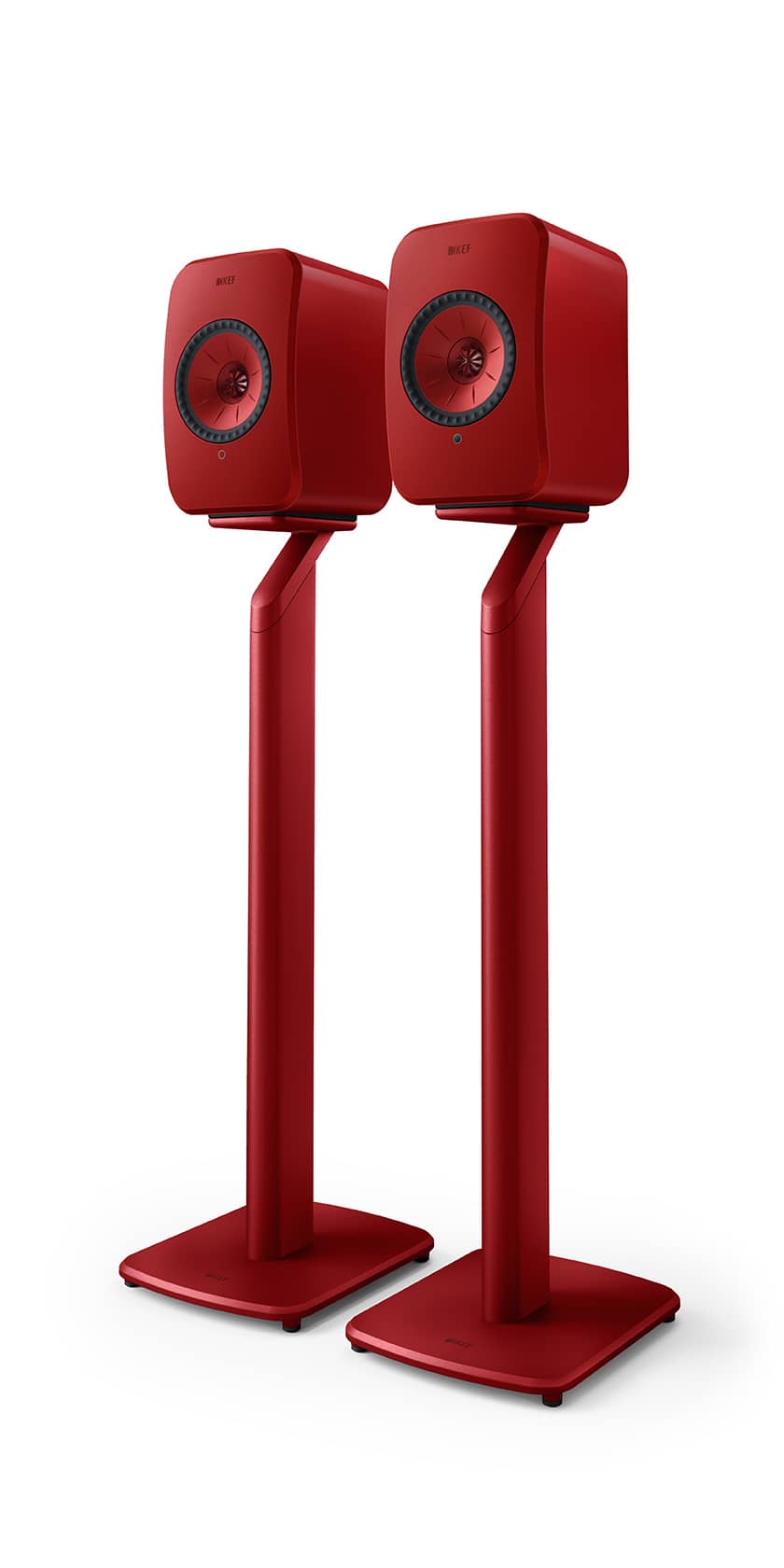 GrobiTV - KEF S1 Standfuß für LSX II Kaminrot - Frontansicht Paar mit Lautsprecher