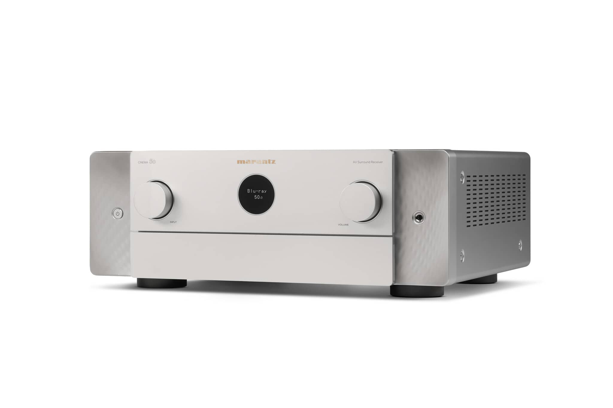 GrobiTV - Marantz CINEMA 50 - 9.4-Kanal-AV-Verstärker silber-gold Frontansicht links geschlossen