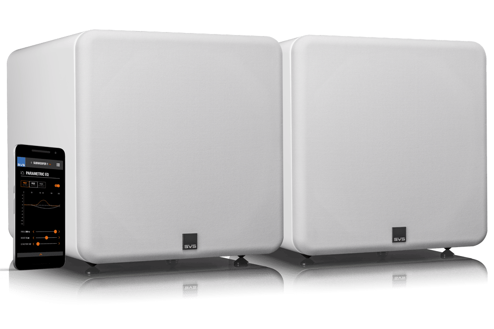 GrobiTV SVS SB-2000 Pro  Heimkino Subwoofer - Piano Gloss White - Paar Frontansicht rechts mit Grill mit SmartPhone und SVS App