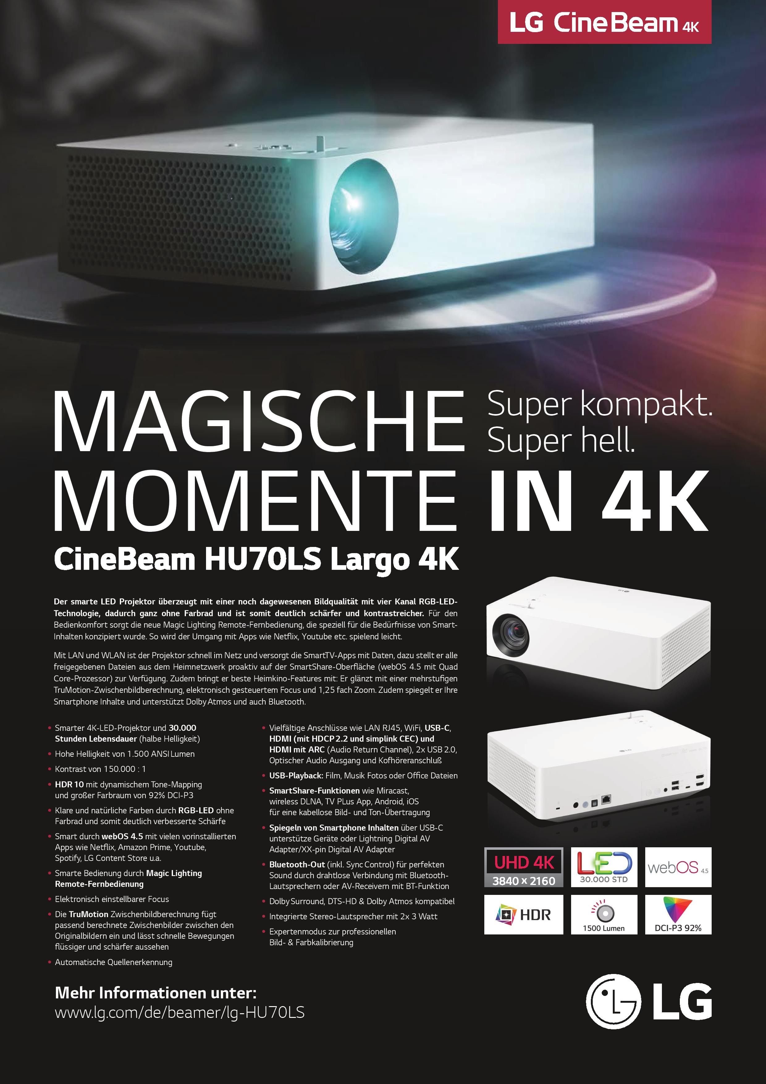 200 Euro Gutschein bei Kauf LG CineBeam HU70LS Largo 4K Projektor