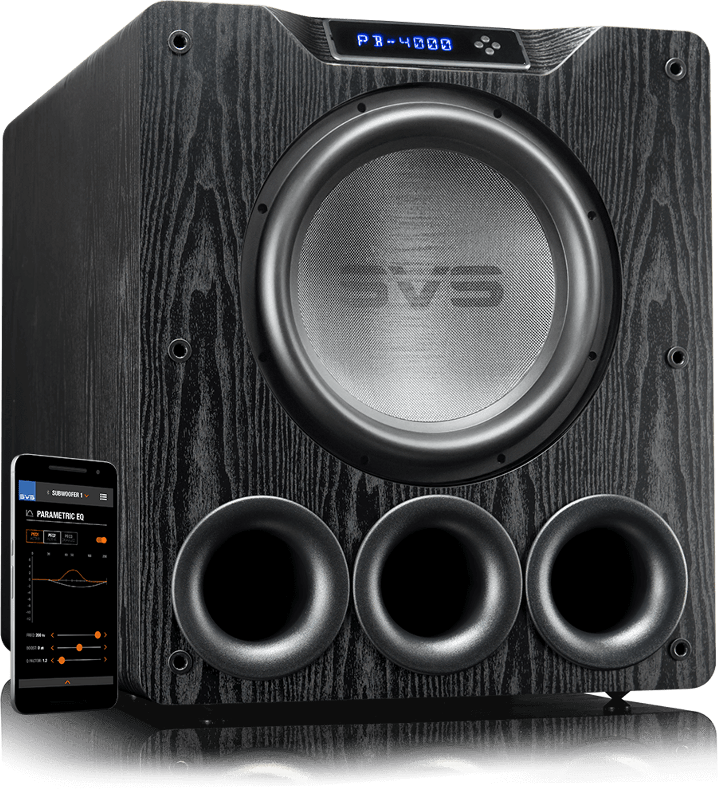 pb-4000_BA GrobiTV - SVS PB 4000 Premium Black Ash - Frontansicht rechts ohne Grill mit SmartPhone und SVS App