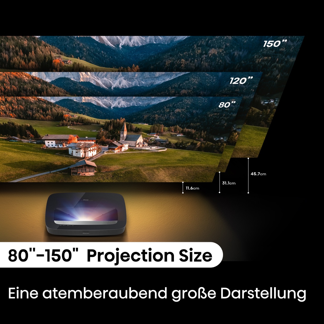 Gross-80-150_-Projection-Size Hisense PL2  Laser Cinema 4K Ultra HD Laser TV (GROBI-Edition)