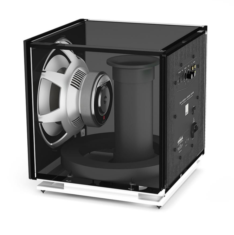GrobiTV - Dali Sub E-12 F Schwarz Seitenansicht semitransparent mit Innenleben