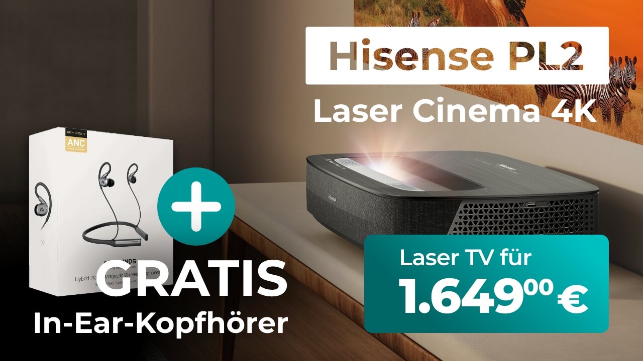 Hisense PL2 LaserTV wahlweise mit oder ohne Bundle (mit 100" CLR-Leinwand & Gratis In-Ears) zum Aktionspreis!