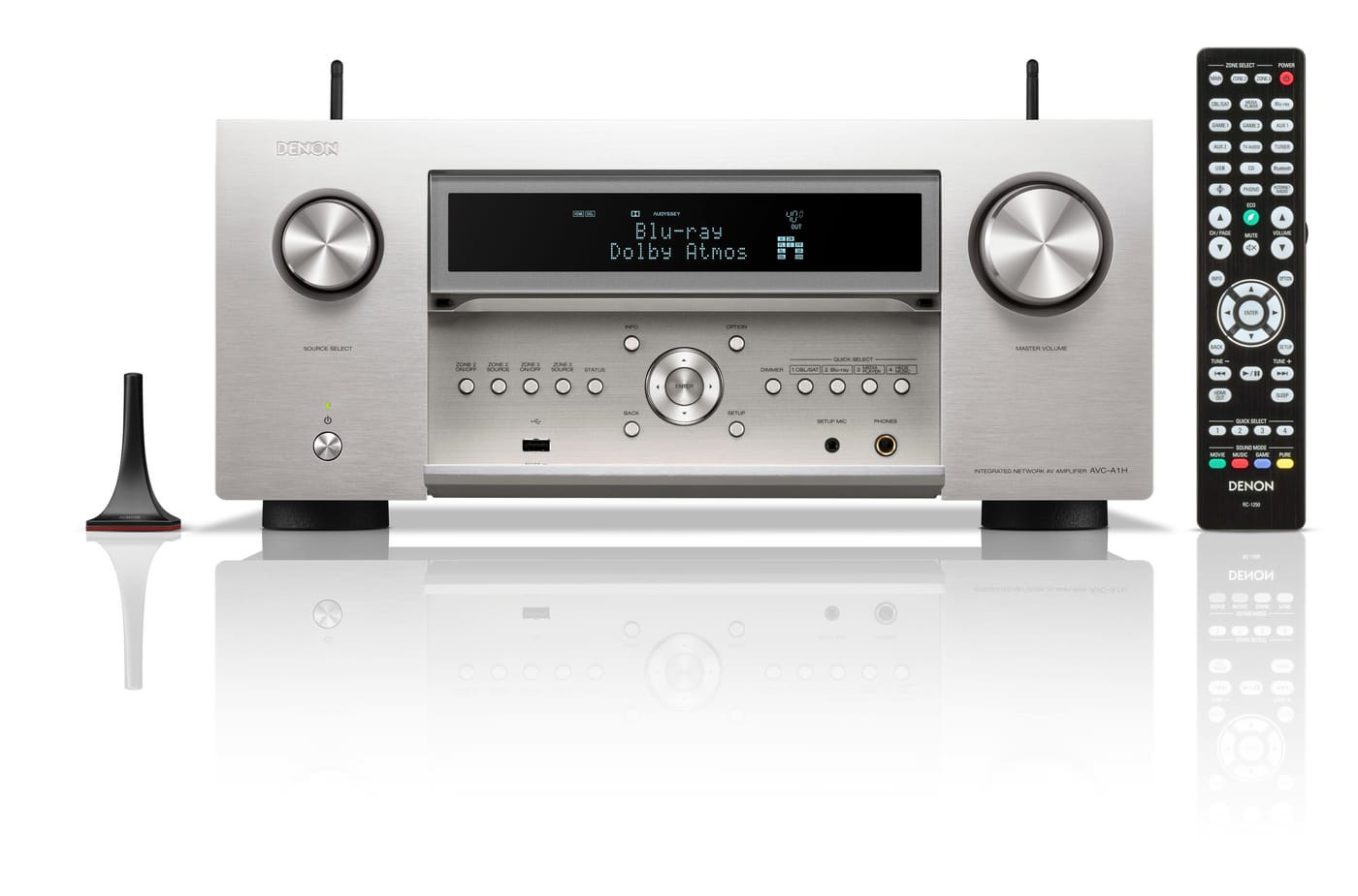 GrobiTV - Denon AVC-AH1  15.4-Kanal AV-Verstärker premium-silber - Frontansicht offen mit Fernbedienung und Mikrofon