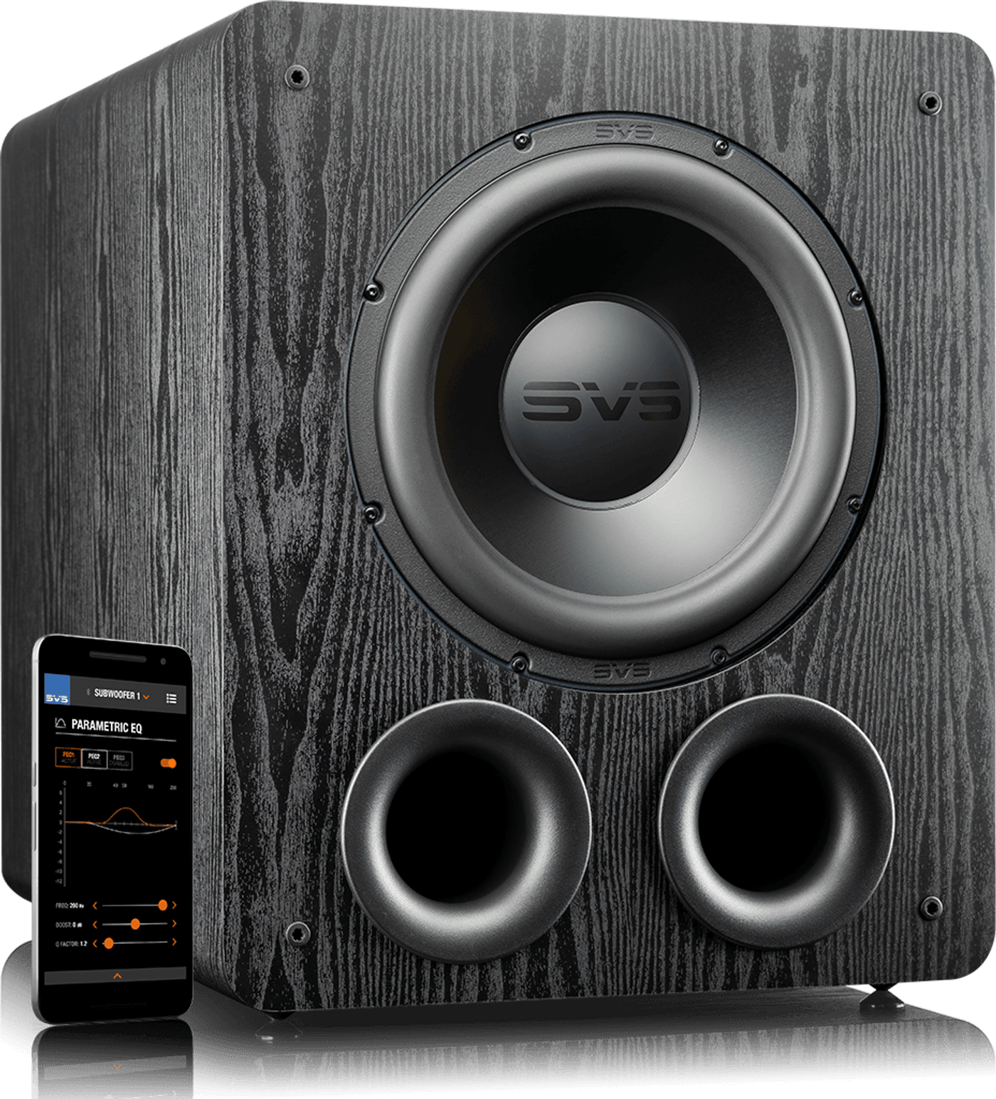 GrobiTV - SVS PB-2000 Pro Heimkino Subwoofer - Premium Black Ash - Frontansicht rechts ohne Grill Mit SmartPhone und SVS App