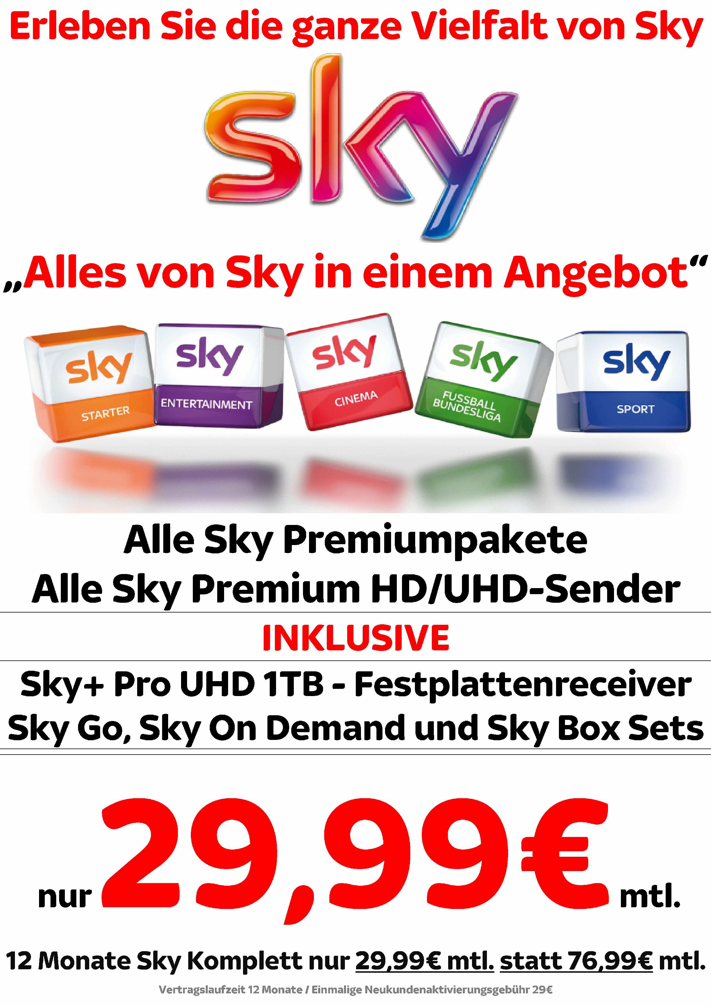 Sky Komplett für nur 29,99€ monatlich - Angebot gilt bis 31.03.2017 - Verlängert -