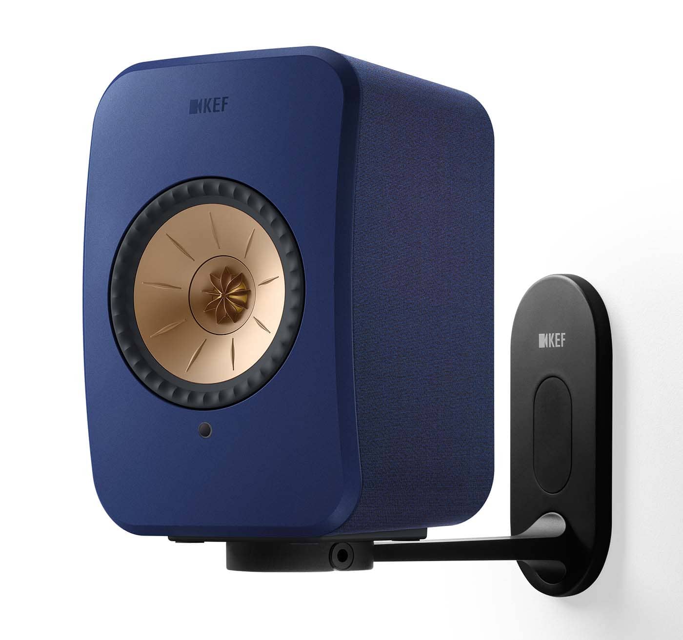 GrobiTV - KEF B1 Wandhalterung für KEF LSX II Schwarz - Frontansicht einzeln mit Lautsprecherbeispiel Kobalt Blau