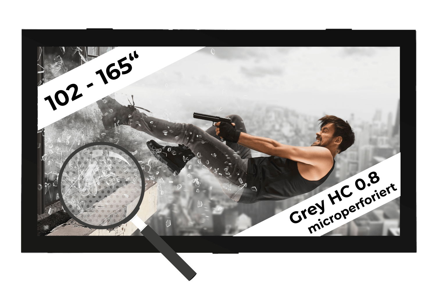 WS S SamtFrame | Grey HC (High Contrast 0.8) microperforiert | Akustisch transparente 16:9 Rahmenleinwand 