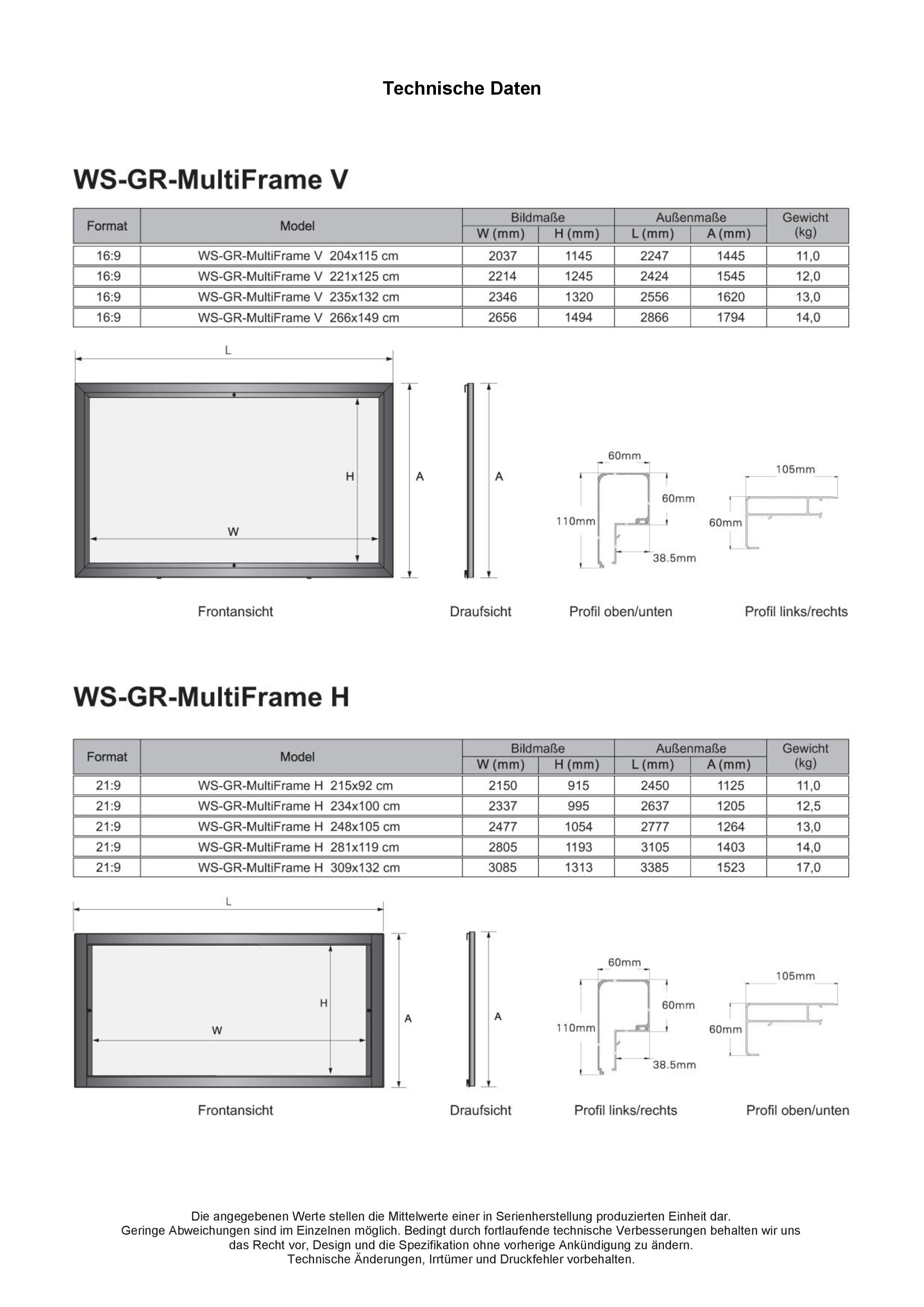 WS GR Multiformat Rahmenleinwand Abmessungen