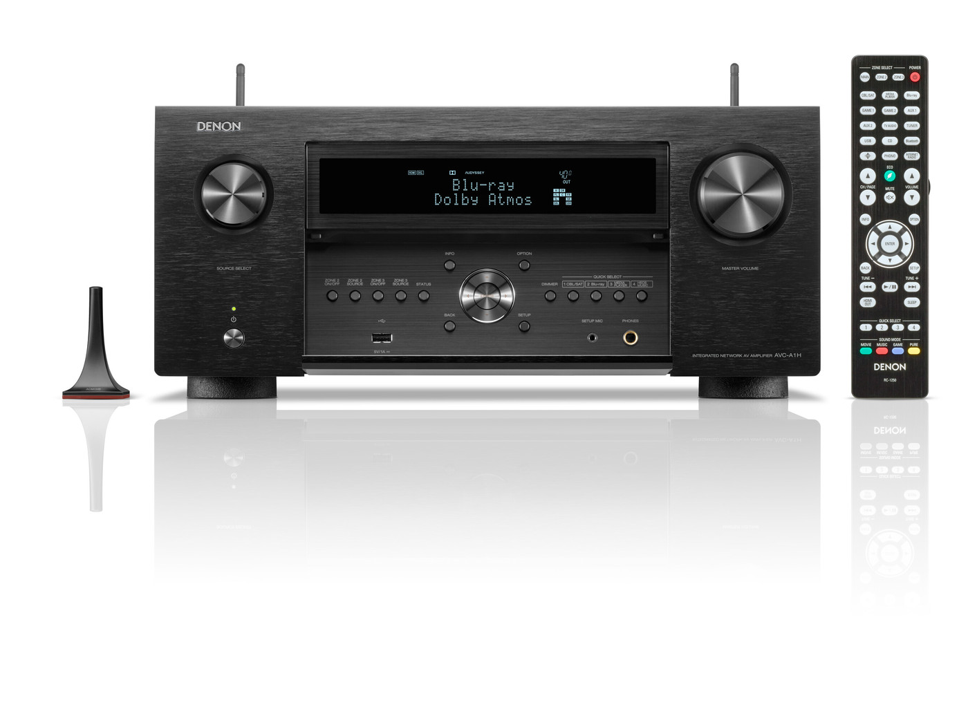 GrobiTV - Denon AVC-AH1  15.4-Kanal AV-Verstärker schwarz - Frontansicht offen mit Fernbedienung und Mikrofon