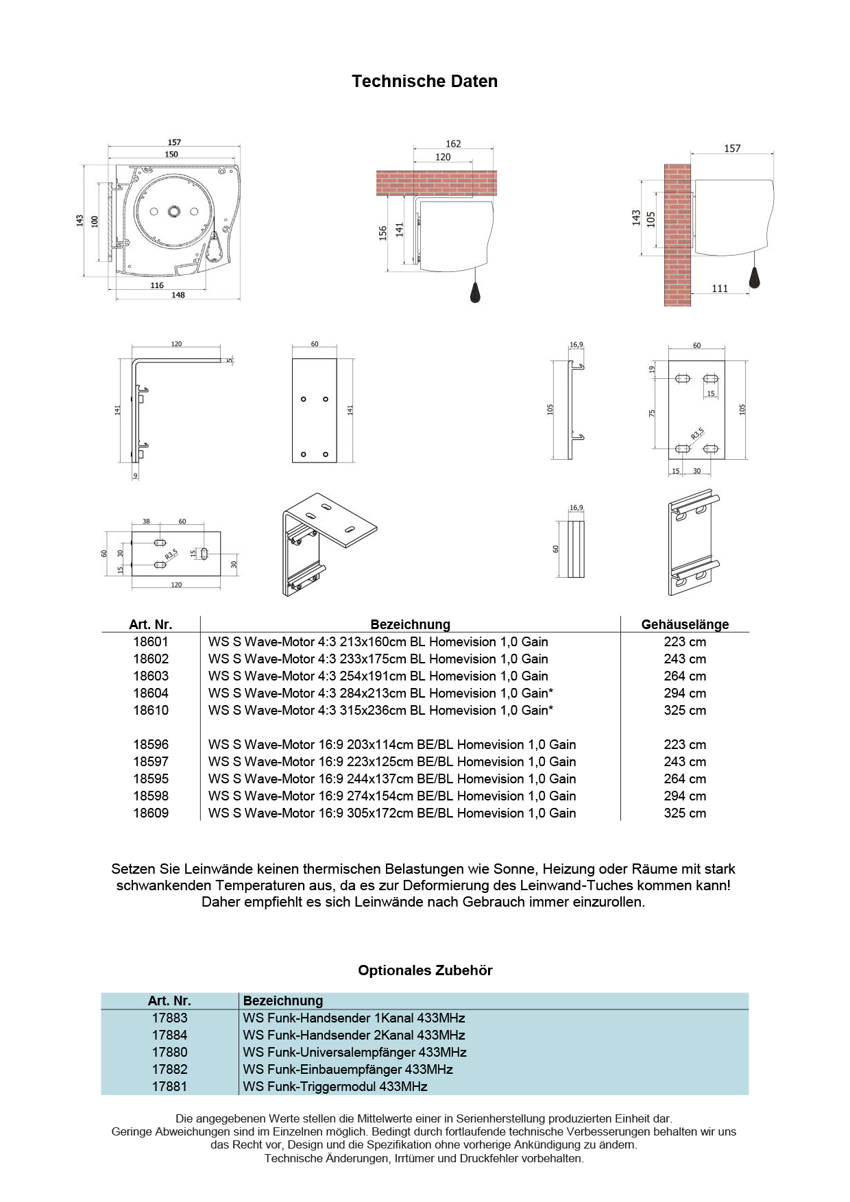 GrobiTV - WS S Wave-Motor 16:9 Leinwand Abmessungen