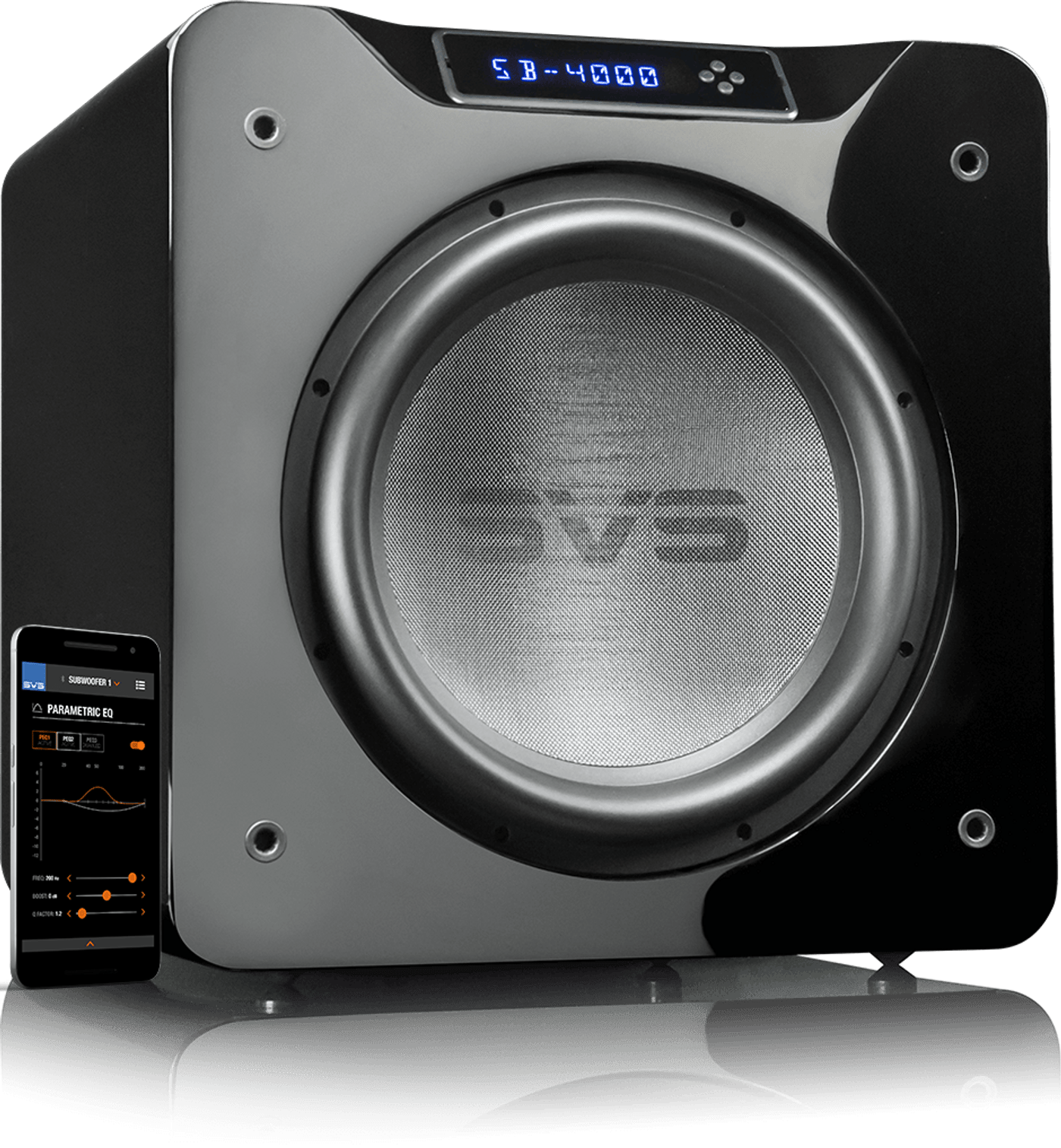 GrobiTV - SVS SB-4000 Heimkino Subwoofer - Piano Gloss Black - Frontansicht rechts ohne Grill mit Smartphone und SVS App