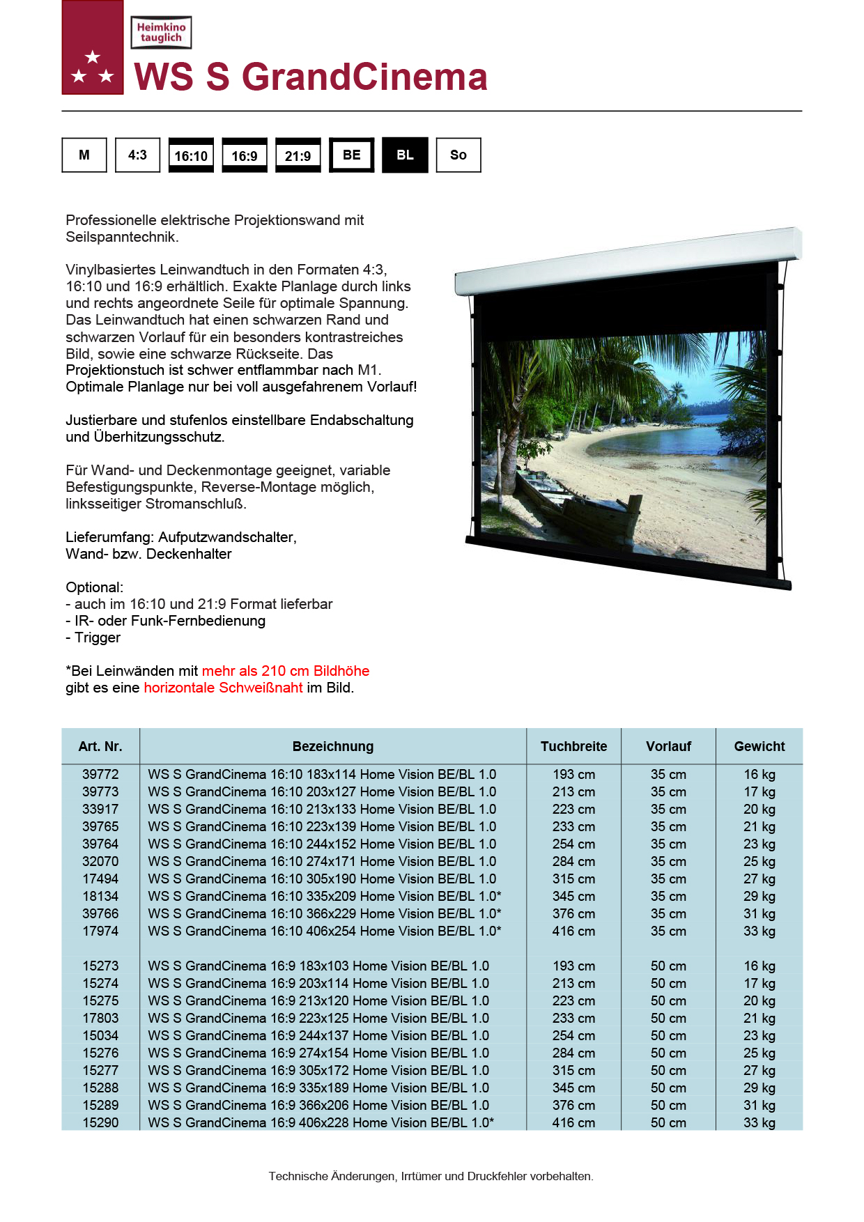 GrobiTV - WS-S-Grand Cinema Tension  16:9 Leinwand - Datenblatt