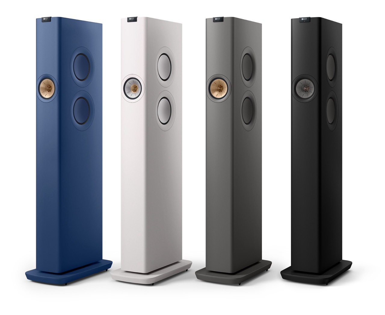 GrobiTV - KEF LS60 Wireless - WLAN Hifi Lautsprecher - Frontansicht Einzellautsprecher in den Farben Blau, Weiß, Grau