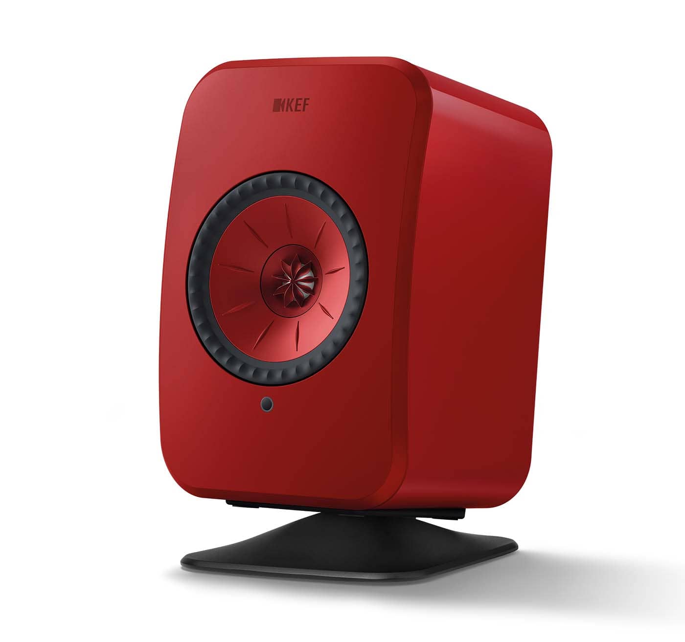 P1_black_w_LSX-II_Lava_Red_2 GrobiTV - KEF P1 Tischstandfuß für KEF LSX II Schwarz - Frontansicht einzeln mit Lautsprecherbeispiel Lava Rot