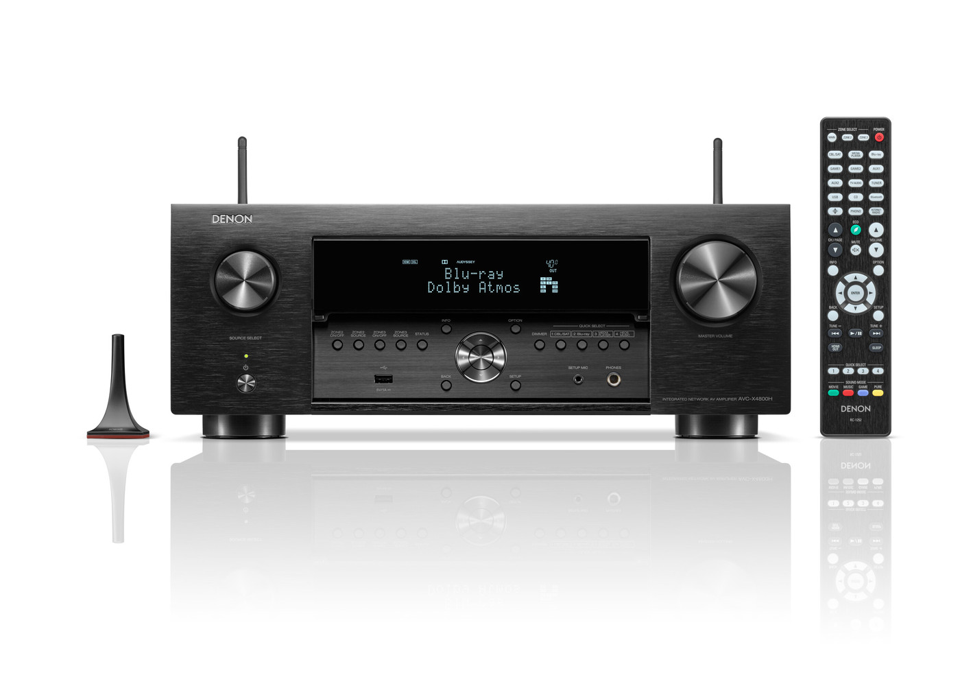 GrobiTV - Denon AVC-X4800H  9-Kanal AV-Verstärker schwarz - Frontansicht offen mit Fernbedienung und Mikrofon