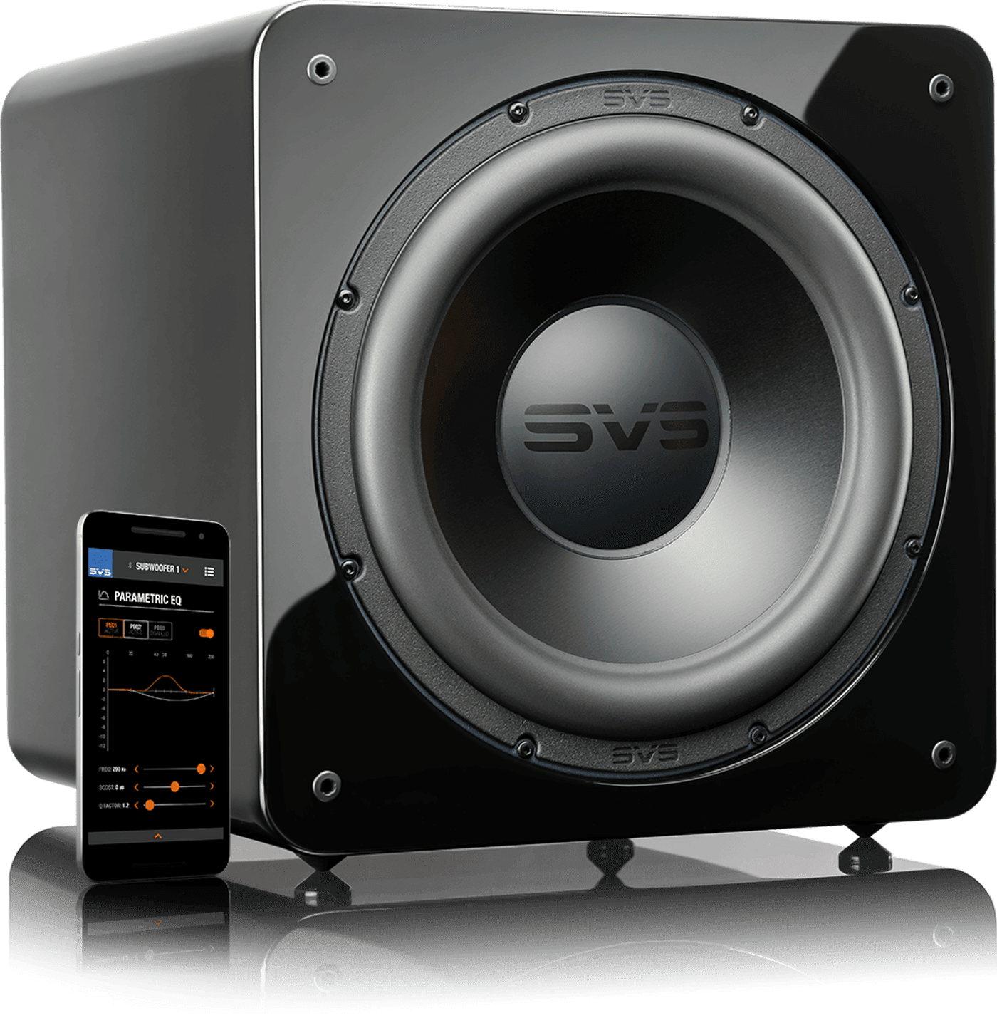 GrobiTV SVS SB-2000 Pro  Heimkino Subwoofer - Piano Gloss Black - Frontansicht rechts ohne Grill mit SmartPhone und SVS App