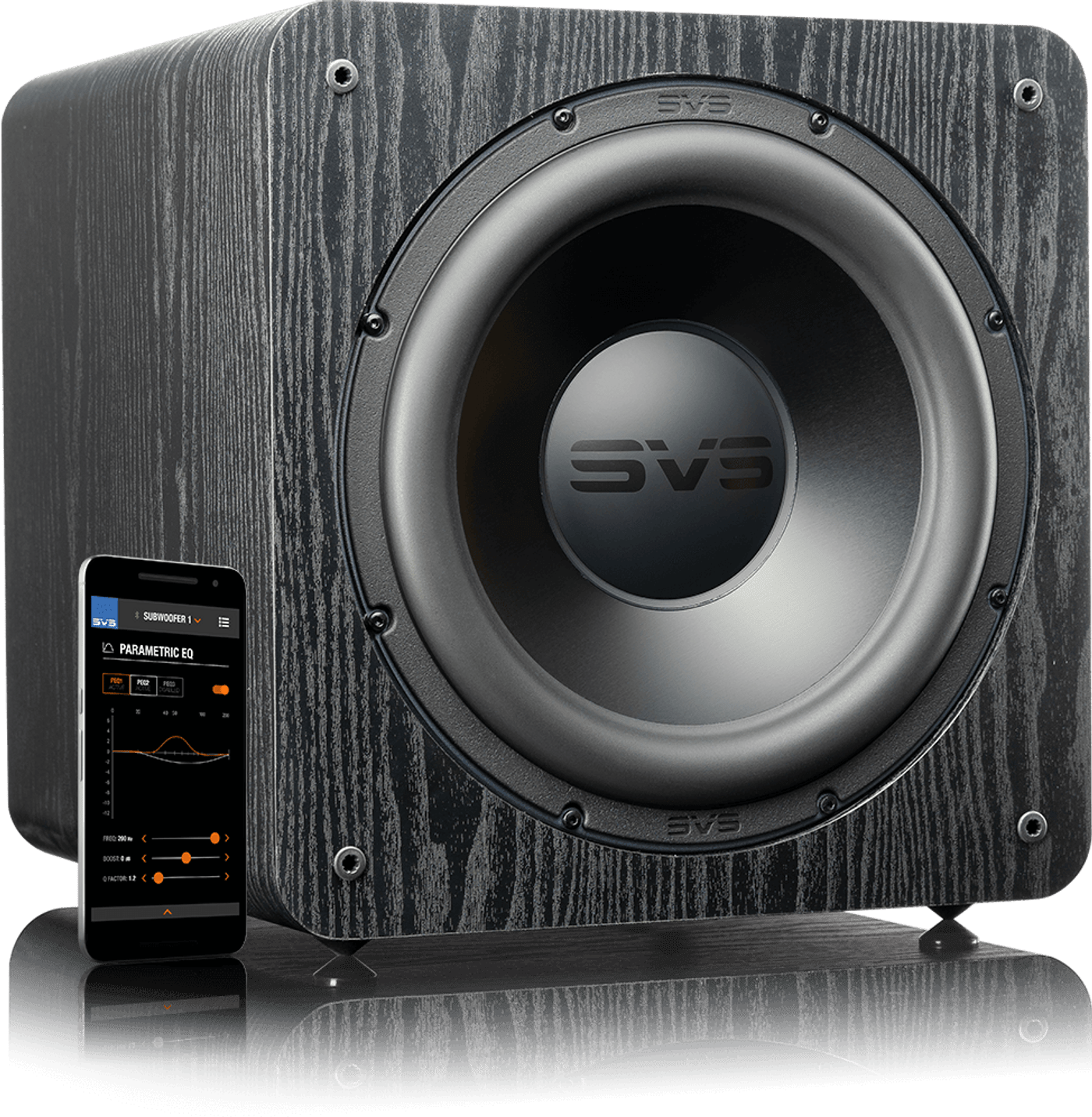 sb-2000-pro-ba GrobiTV SVS SB-2000 Pro  Heimkino Subwoofer - Premium Black Ash - Frontansicht rechts ohne Grill mit SmartPhone und SVS App