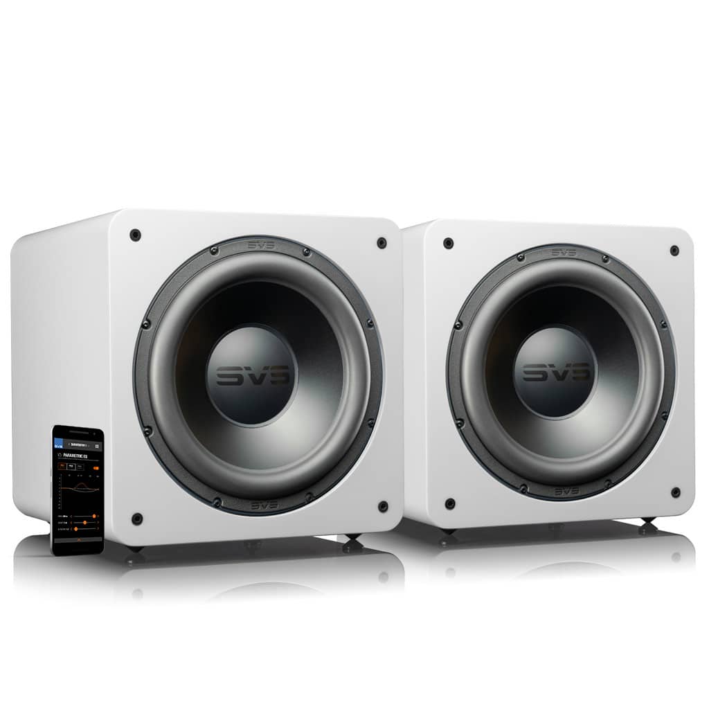 GrobiTV SVS SB-2000 Pro  Heimkino Subwoofer - Piano Gloss White - Paar Frontansicht rechts ohne Grill mit SmartPhone und SVS App