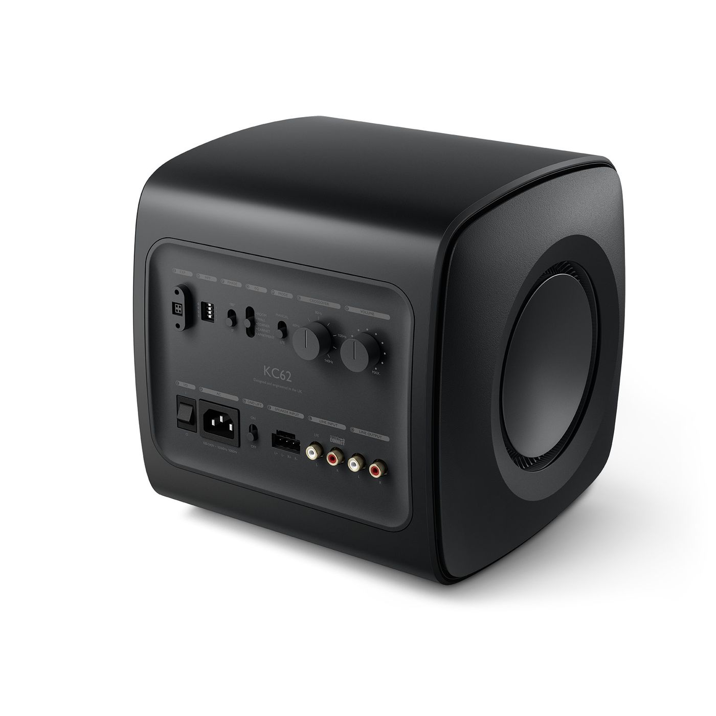 KC62_Carbon-Black_back_angle GrobiTV - KEF KC62 Subwoofer schwarz Frontansicht links