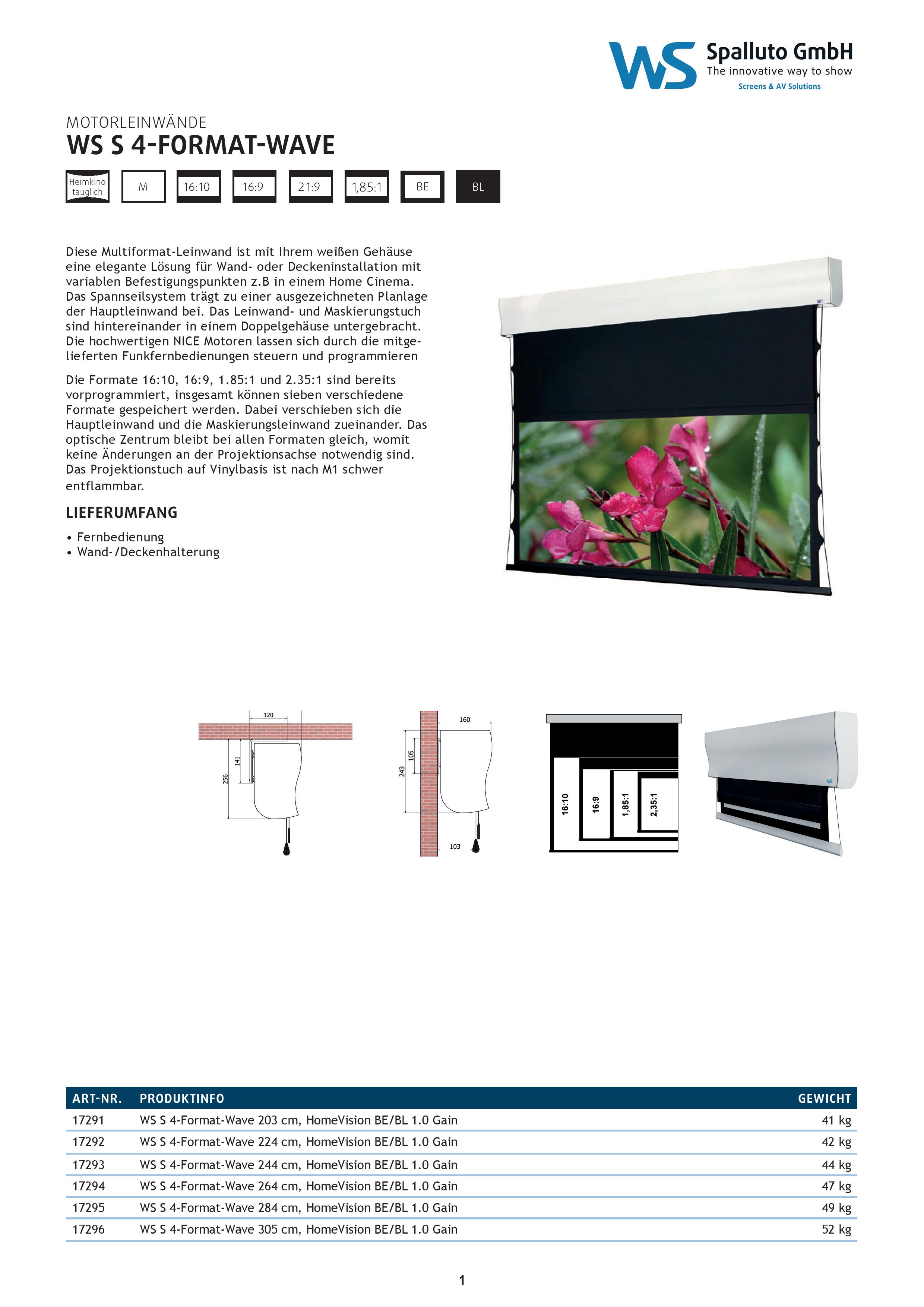 Motorleinwand mit Seilspannsystem WS S 4-Format-Wave Datenblatt