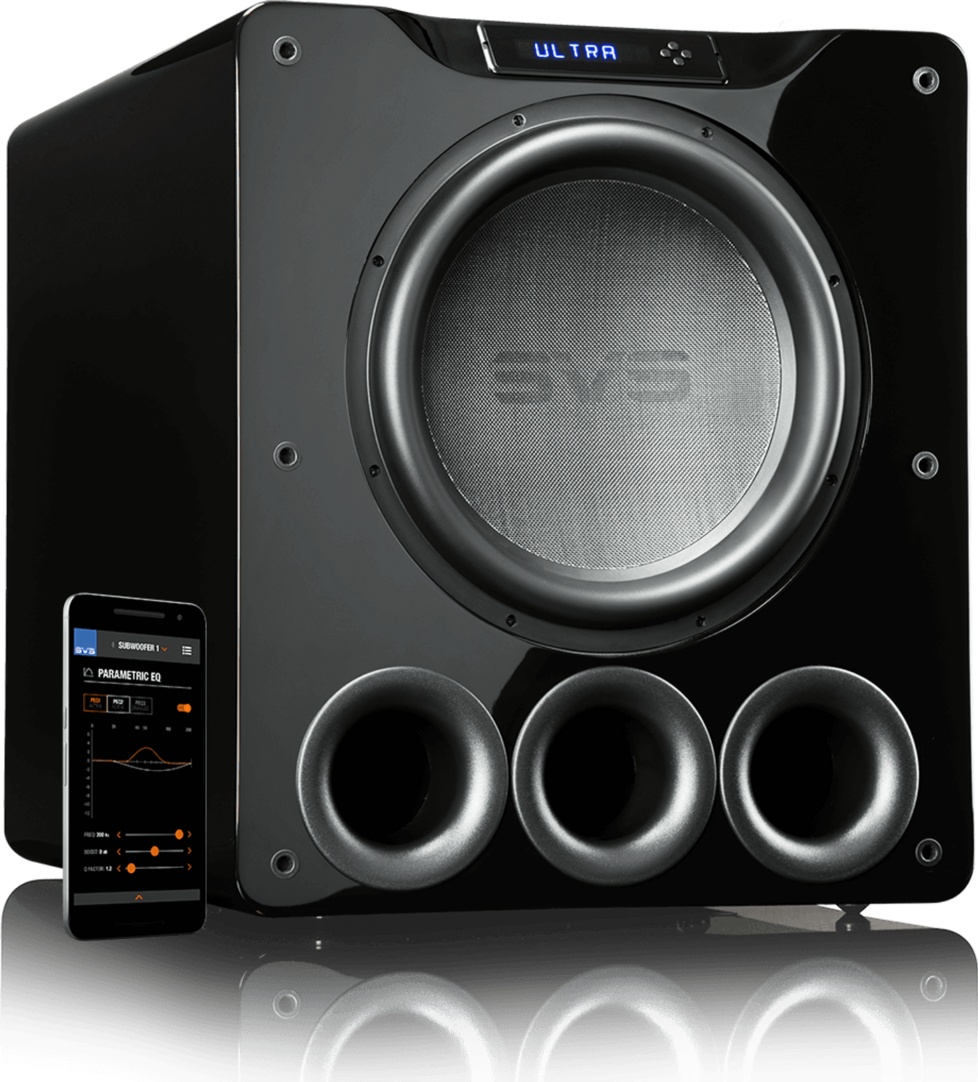 GrobiTV - SVS PB-16 Ultra Heimkino Subwoofer - Piano Gloss Black - Frontansicht rechts ohne Grill 02mit SmartOhone und SVS App